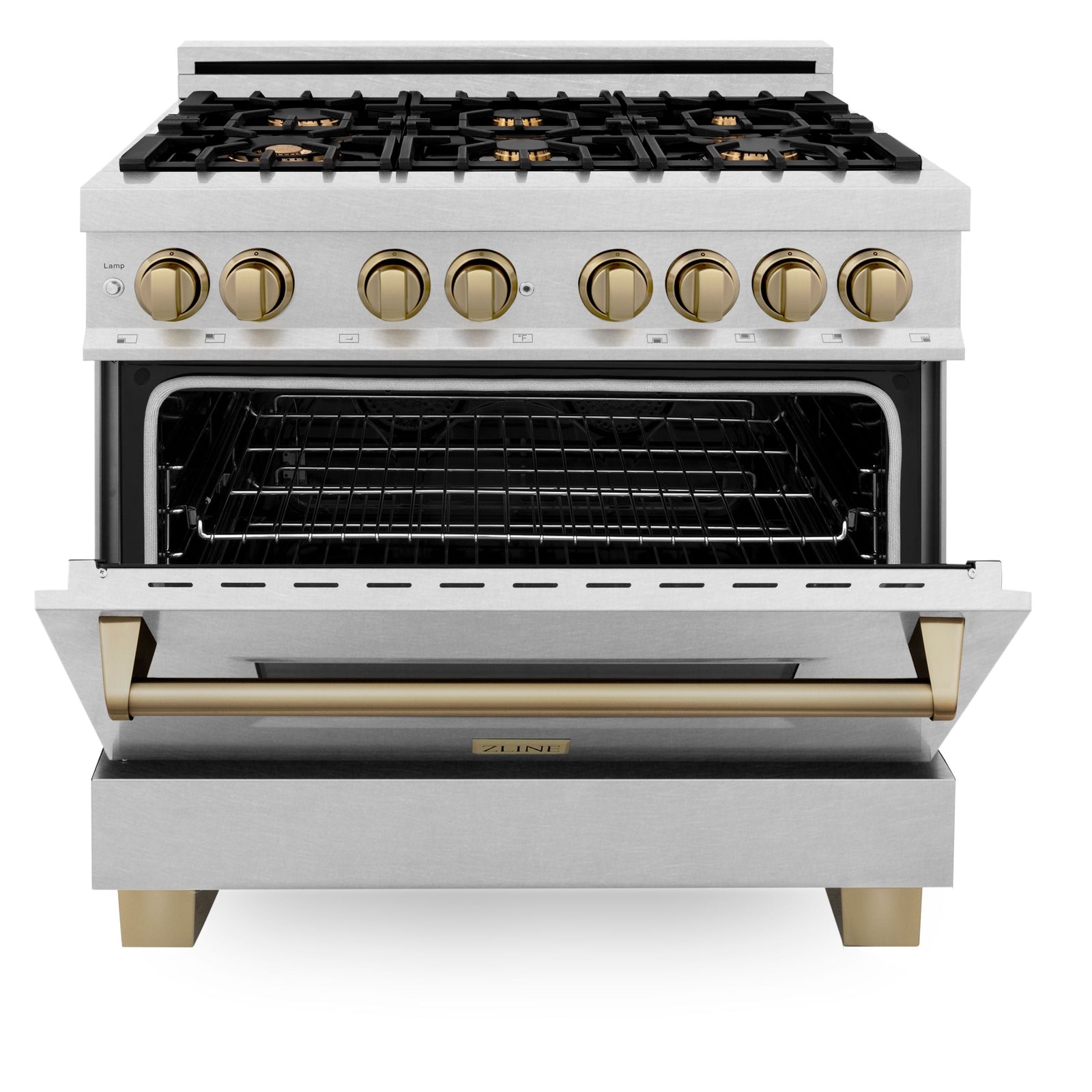 ZLINE Autograph Edition 36 in. 4.6 cu. ft. Range with Gas Stove and Electric Oven in DuraSnow® with Champagne Bronze Accents, RASZ-SN-36-CB - Smart Kitchen Lab