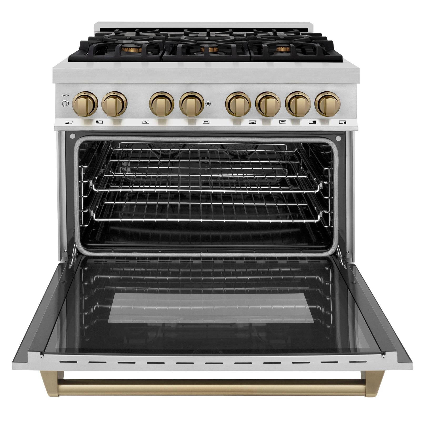 ZLINE Autograph Edition 36 In. 4.6 cu. ft. Range with Gas Stove and Electric Oven in Stainless Steel with Champagne Bronze Accent, RAZ-36-CB - Smart Kitchen Lab