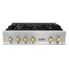 ZLINE Autograph Edition 36 in. Gas Rangetop in Stainless Steel and Gold Accents, RTZ-36-G - Smart Kitchen Lab