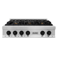 ZLINE Autograph Edition 36 in. Porcelain Rangetop with 6 Gas Burners in Stainless Steel and Matte Black Accents, RTZ-36-MB - Smart Kitchen Lab