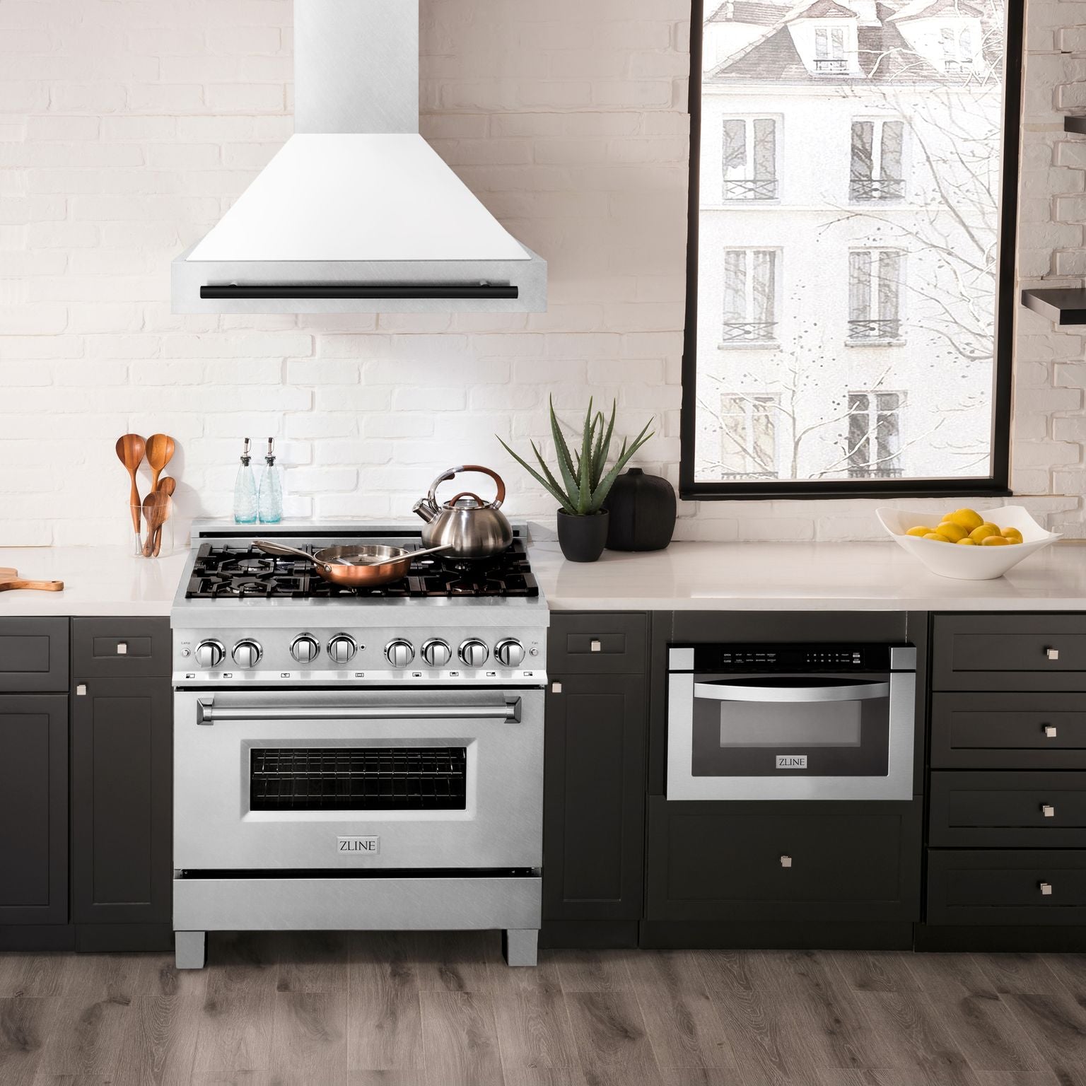 ZLINE Autograph Edition 36 Inch DuraSnow® Stainless Steel Range Hood with White Matte Shell and Matte Black Handle, 8654SNZ-WM36-MB - Smart Kitchen Lab