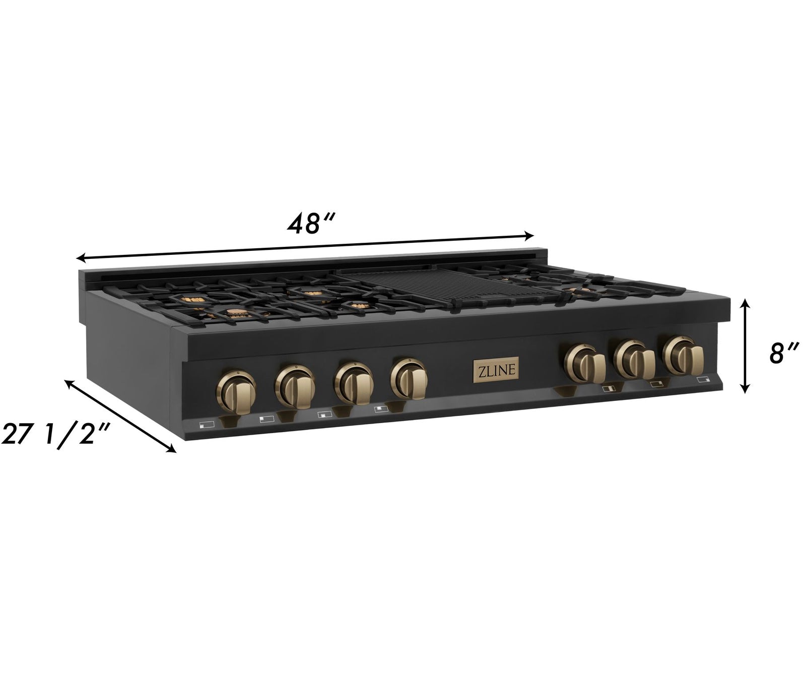 ZLINE Autograph Edition 48 In. Porcelain Rangetop with 7 Gas Burners in Black Stainless Steel and Champagne Bronze Accents, RTBZ-48-CB - Smart Kitchen Lab