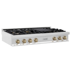 ZLINE Autograph Edition 48 In. Porcelain Rangetop with 7 Gas Burners in Black Stainless Steel and Champagne Bronze Accents, RTBZ-48-CB - Smart Kitchen Lab