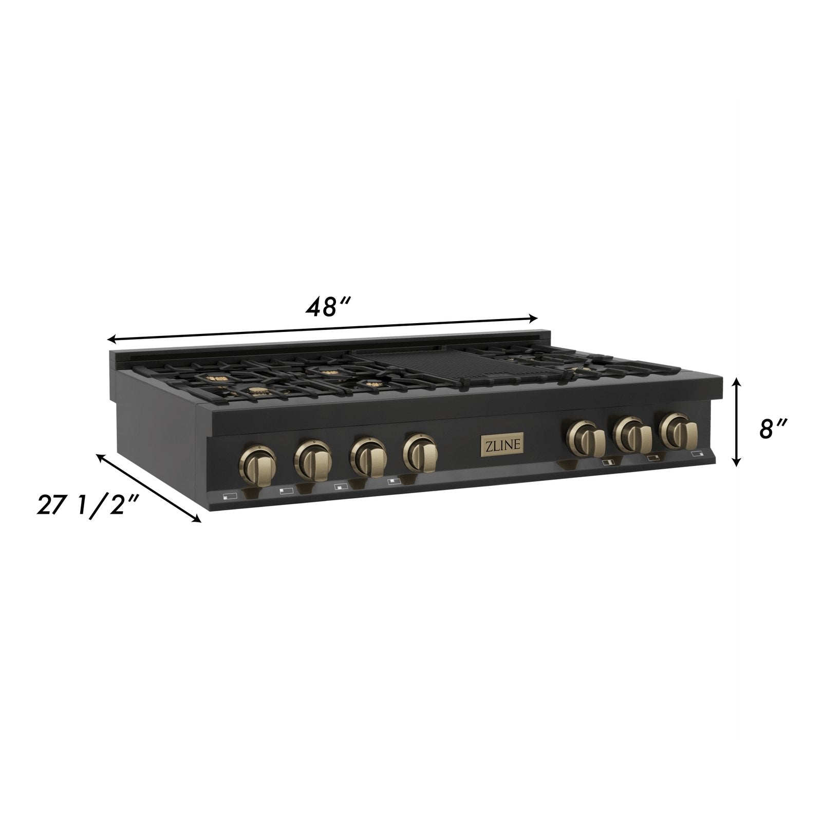 ZLINE Autograph Edition 48 In. Porcelain Rangetop with 7 Gas Burners in Black Stainless Steel and Champagne Bronze Accents, RTBZ-48-CB - Smart Kitchen Lab