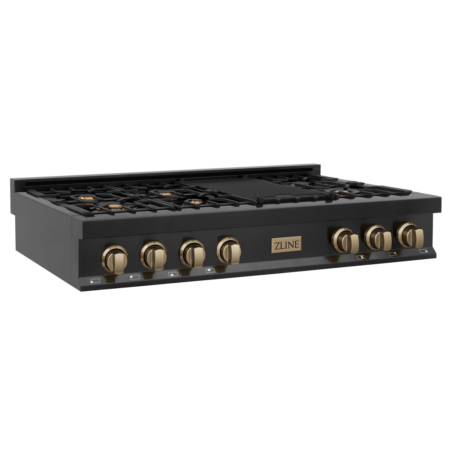 ZLINE Autograph Edition 48 In. Porcelain Rangetop with 7 Gas Burners in Black Stainless Steel and Champagne Bronze Accents, RTBZ-48-CB - Smart Kitchen Lab