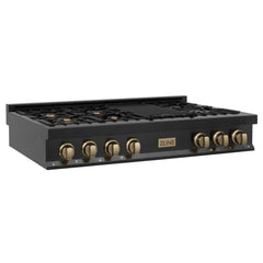ZLINE Autograph Edition 48 In. Porcelain Rangetop with 7 Gas Burners in Black Stainless Steel and Champagne Bronze Accents, RTBZ-48-CB - Smart Kitchen Lab