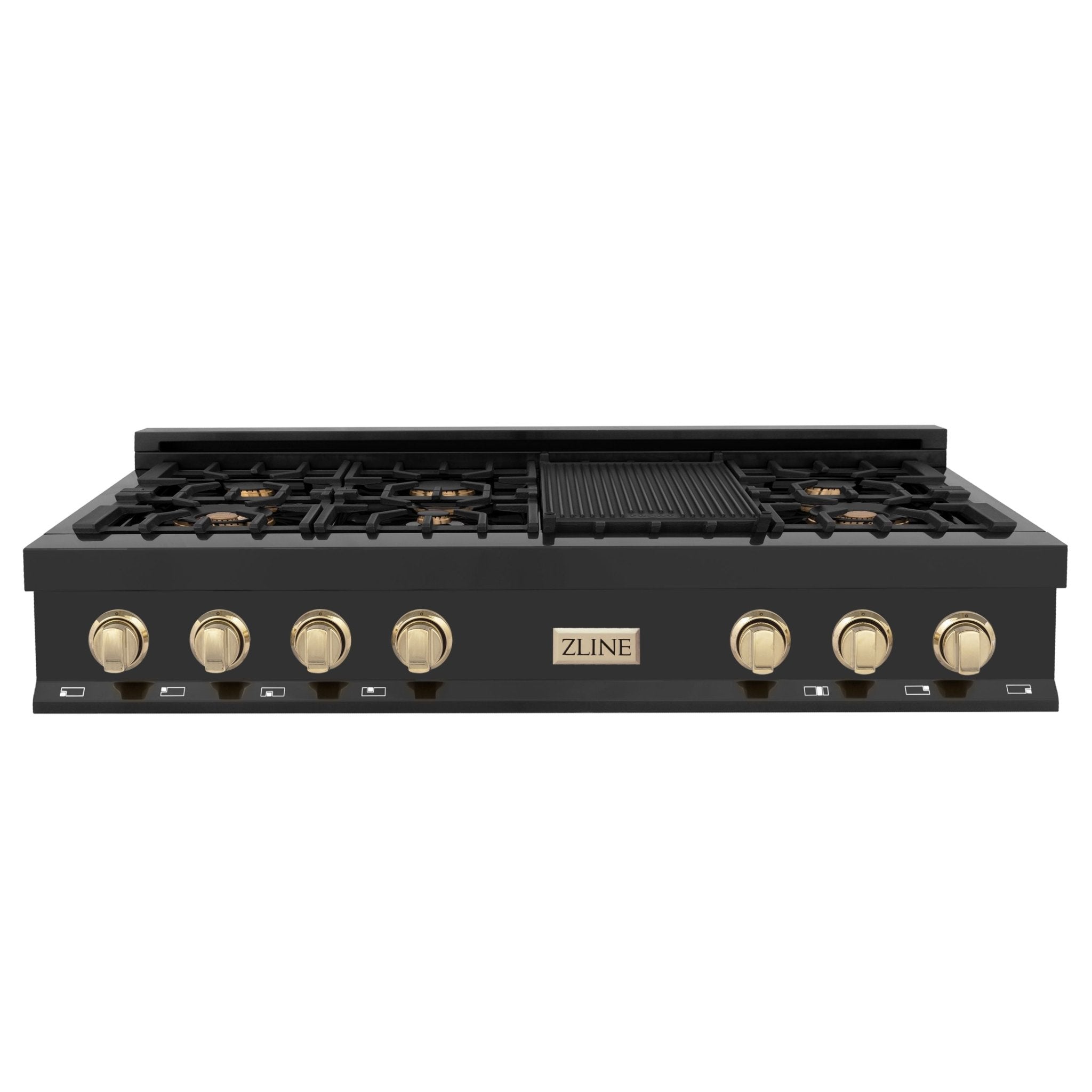 ZLINE Autograph Edition 48 Inch Porcelain Rangetop with 7 Gas Burners in Black Stainless Steel and Gold Accents, RTBZ-48-G - Smart Kitchen Lab