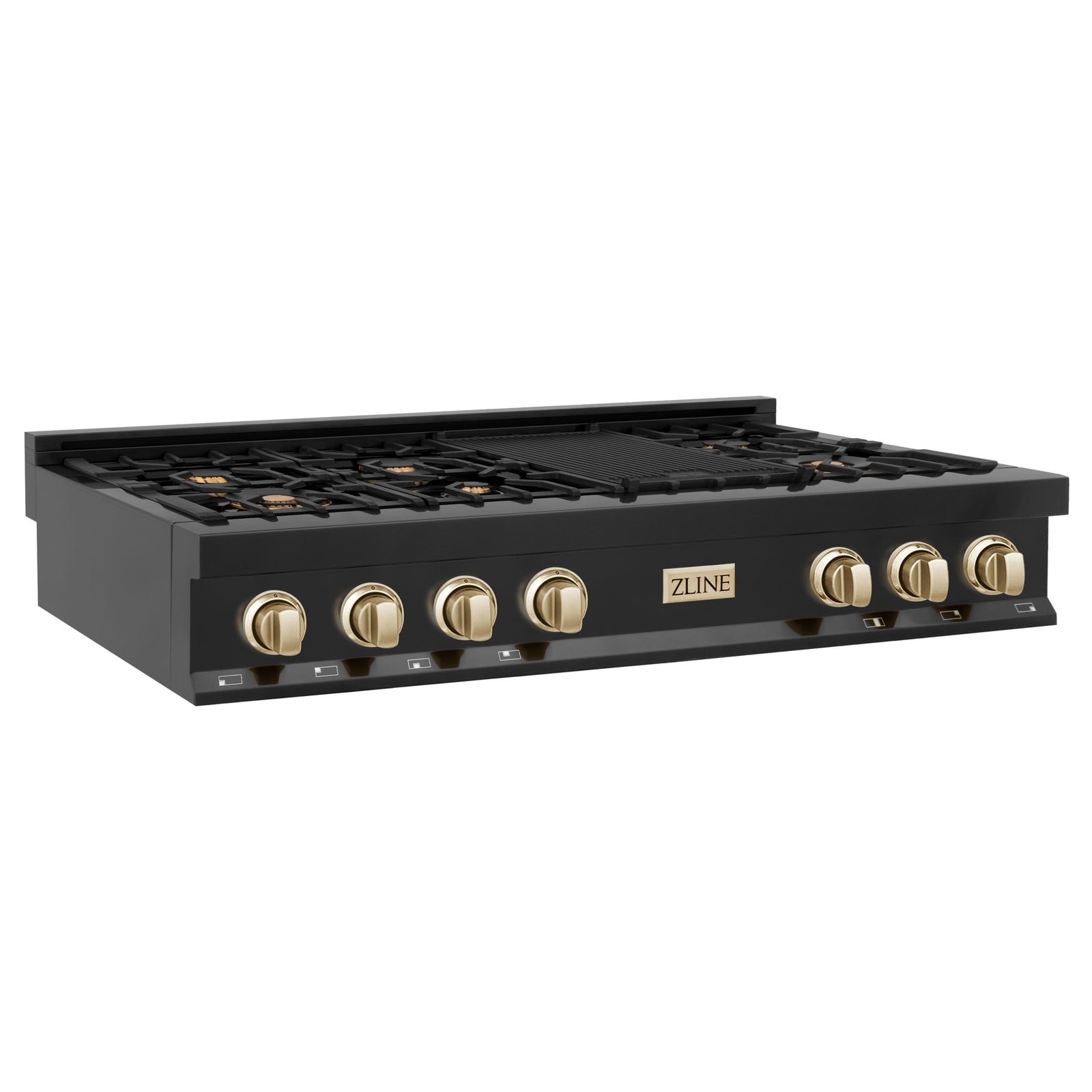 ZLINE Autograph Edition 48 Inch Porcelain Rangetop with 7 Gas Burners in Black Stainless Steel and Gold Accents, RTBZ-48-G - Smart Kitchen Lab