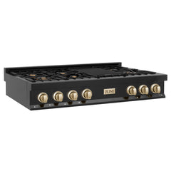 ZLINE Autograph Edition 48 Inch Porcelain Rangetop with 7 Gas Burners in Black Stainless Steel and Gold Accents, RTBZ-48-G - Smart Kitchen Lab