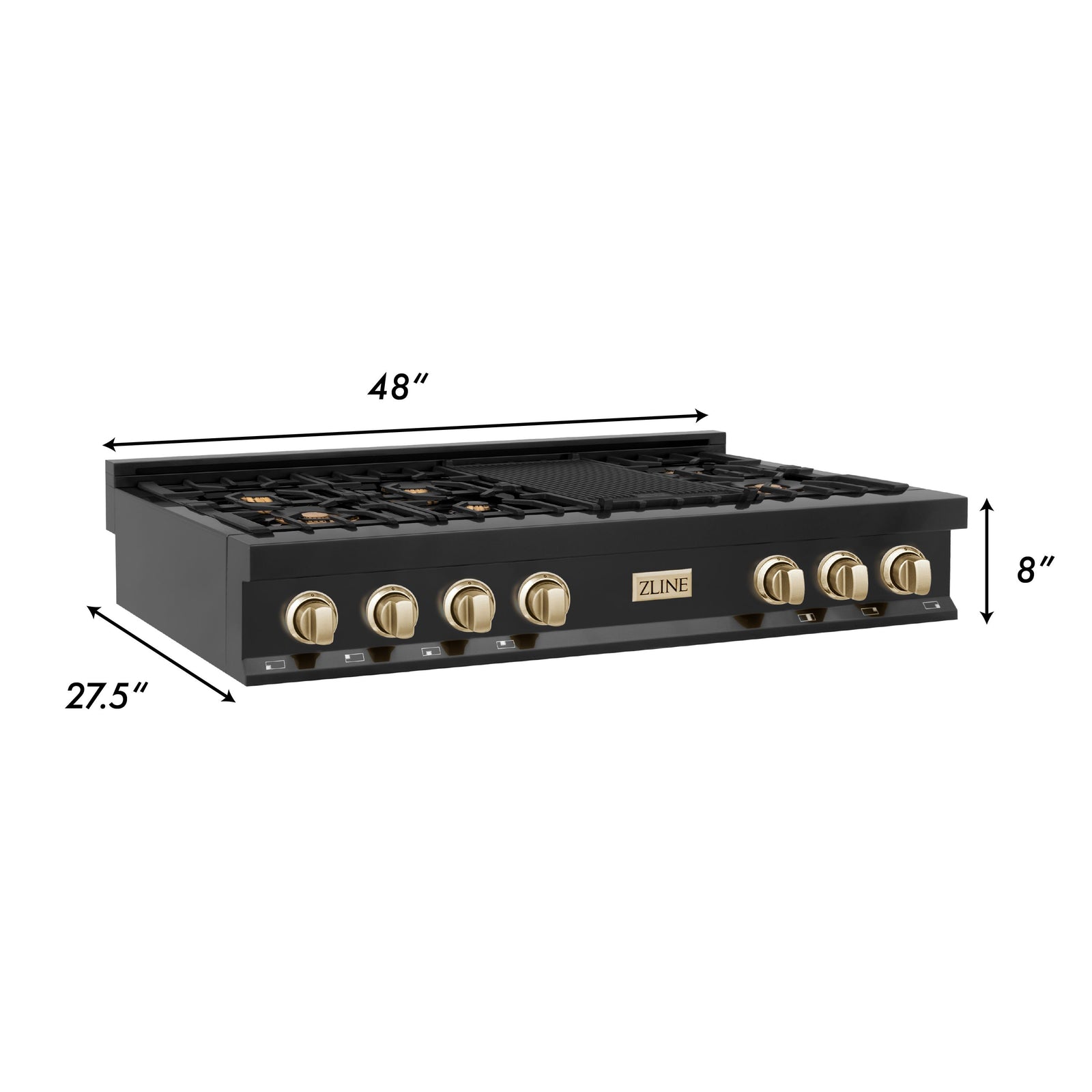 ZLINE Autograph Edition 48 Inch Porcelain Rangetop with 7 Gas Burners in Black Stainless Steel and Gold Accents, RTBZ-48-G - Smart Kitchen Lab