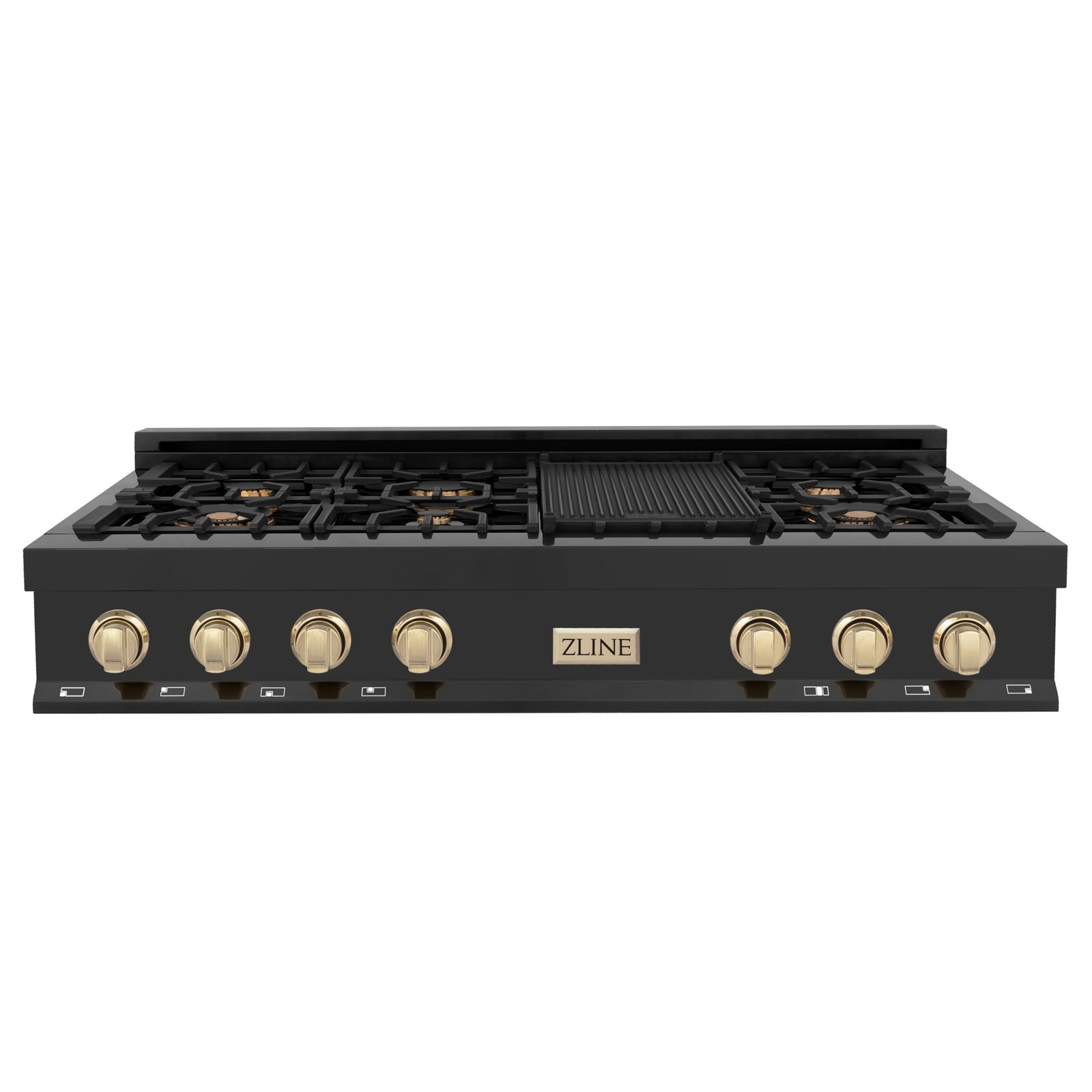ZLINE Autograph Edition 48 Inch Porcelain Rangetop with 7 Gas Burners in Black Stainless Steel and Gold Accents, RTBZ-48-G - Smart Kitchen Lab