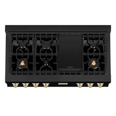 ZLINE Autograph Edition 48 Inch Porcelain Rangetop with 7 Gas Burners in Black Stainless Steel and Gold Accents, RTBZ-48-G - Smart Kitchen Lab