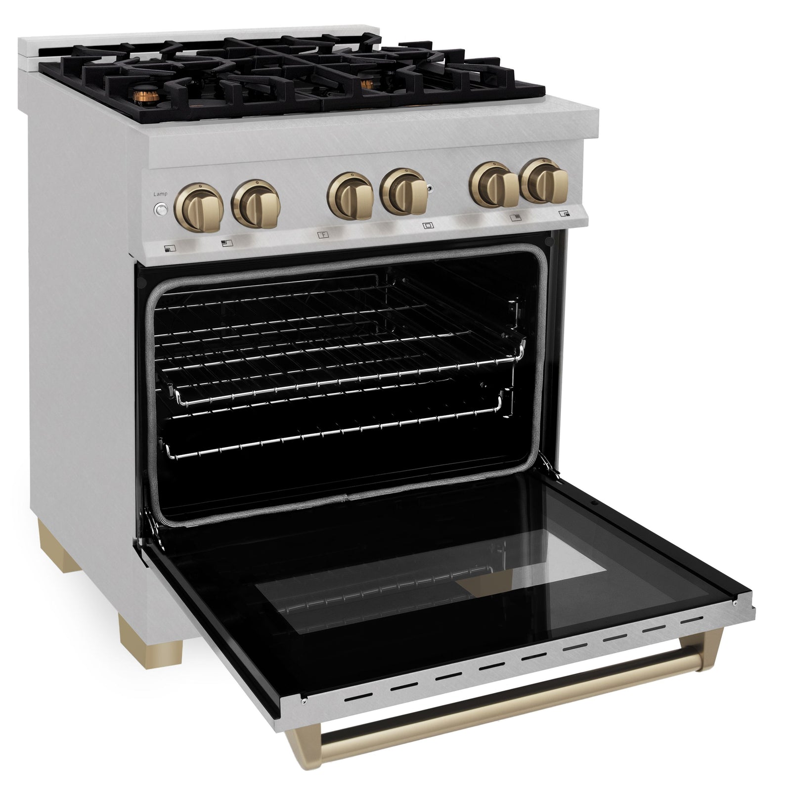 ZLINE Kitchen and Bath 30 Inch Autograph Edition Dual Fuel Range in DuraSnow® Stainless Steel with Champagne Bronze Accents, RASZ-SN-30-CB - Smart Kitchen Lab