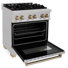 ZLINE Kitchen and Bath 30 Inch Autograph Edition Dual Fuel Range in DuraSnow® Stainless Steel with Champagne Bronze Accents, RASZ-SN-30-CB - Smart Kitchen Lab