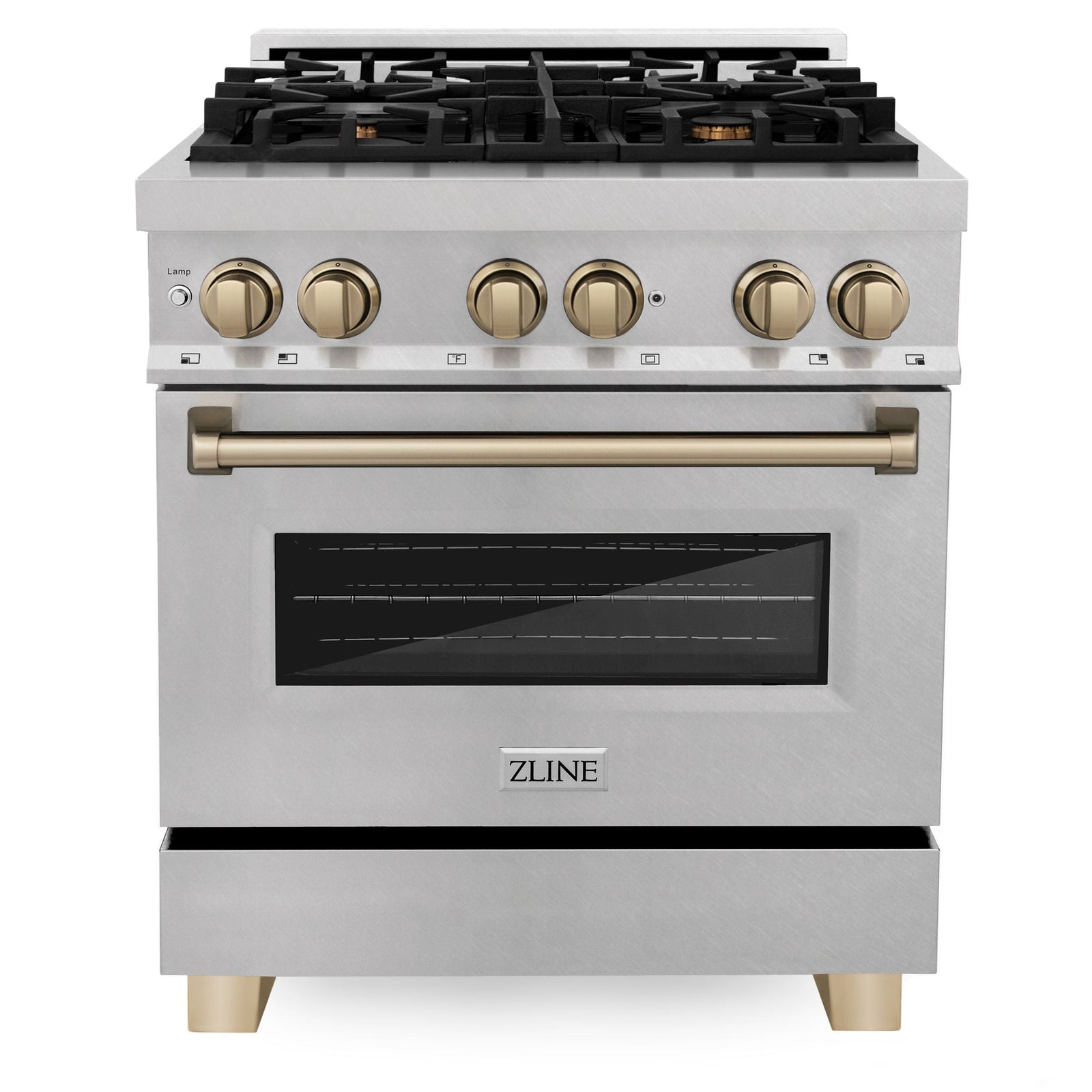 ZLINE Kitchen and Bath 30 Inch Autograph Edition Dual Fuel Range in DuraSnow® Stainless Steel with Champagne Bronze Accents, RASZ-SN-30-CB - Smart Kitchen Lab
