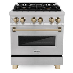 ZLINE Kitchen and Bath 30 Inch Autograph Edition Dual Fuel Range in DuraSnow® Stainless Steel with Champagne Bronze Accents, RASZ-SN-30-CB - Smart Kitchen Lab