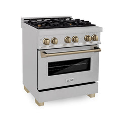 ZLINE Kitchen and Bath 30 Inch Autograph Edition Dual Fuel Range in DuraSnow® Stainless Steel with Champagne Bronze Accents, RASZ-SN-30-CB - Smart Kitchen Lab