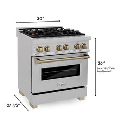 ZLINE Kitchen and Bath 30 Inch Autograph Edition Dual Fuel Range in DuraSnow® Stainless Steel with Champagne Bronze Accents, RASZ-SN-30-CB - Smart Kitchen Lab