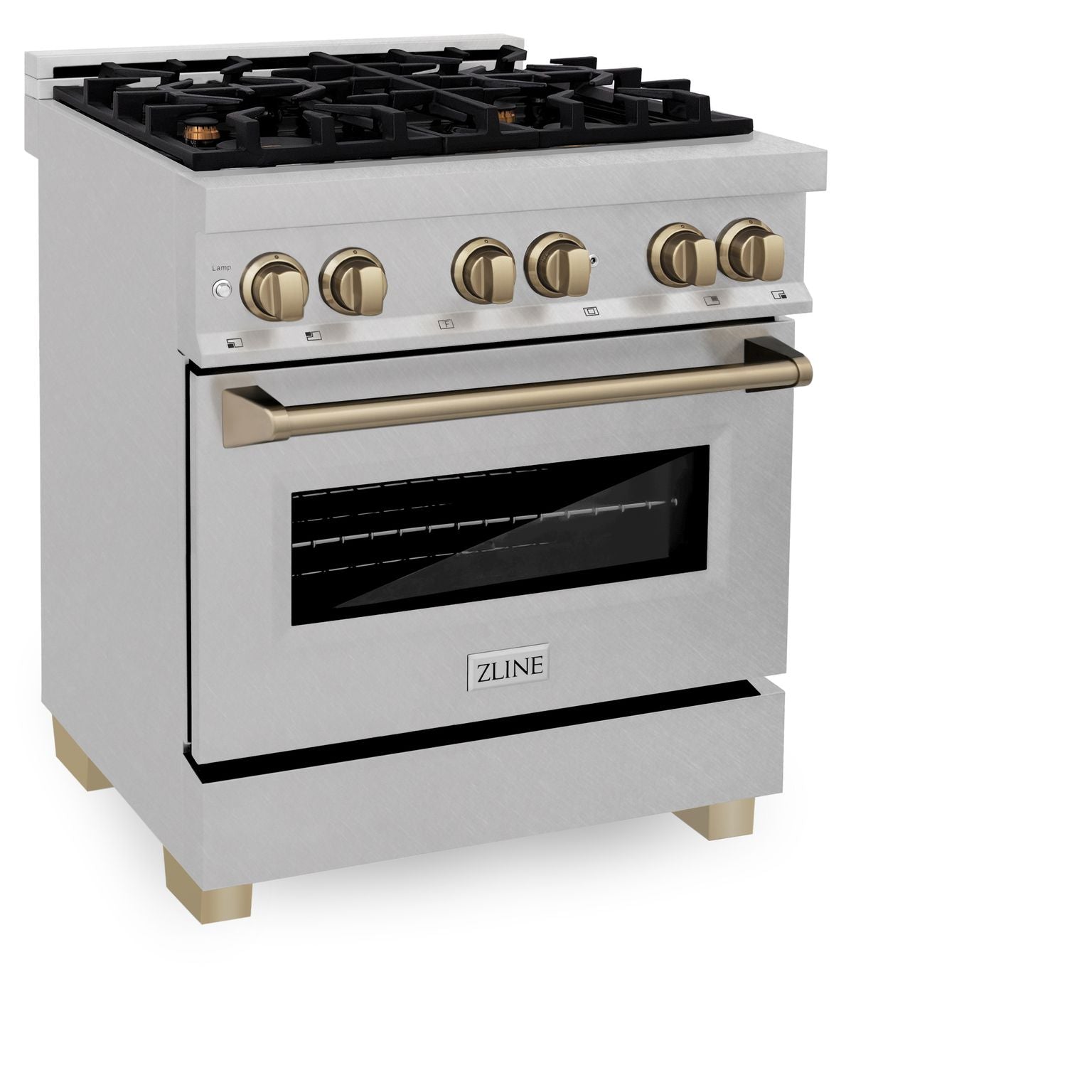 ZLINE Kitchen and Bath 30 Inch Autograph Edition Dual Fuel Range in DuraSnow® Stainless Steel with Champagne Bronze Accents, RASZ-SN-30-CB - Smart Kitchen Lab