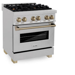 ZLINE Kitchen and Bath 30 Inch Autograph Edition Dual Fuel Range in DuraSnow® Stainless Steel with Champagne Bronze Accents, RASZ-SN-30-CB - Smart Kitchen Lab