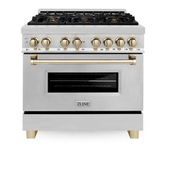 ZLINE Kitchen and Bath Autograph Edition 36 In. Range with Gas Stove and Electric Oven in Stainless Steel with Gold Accent, RAZ-36-G - Smart Kitchen Lab