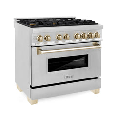 ZLINE Kitchen and Bath Autograph Edition 36 In. Range with Gas Stove and Electric Oven in Stainless Steel with Gold Accent, RAZ-36-G - Smart Kitchen Lab