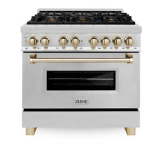 ZLINE Kitchen and Bath Autograph Edition 36 In. Range with Gas Stove and Electric Oven in Stainless Steel with Gold Accent, RAZ-36-G - Smart Kitchen Lab